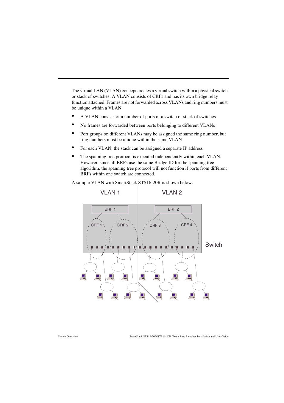 Vlan support, Figure 7. a smartstack sts16-20r switch configured, With two vlans | Cabletron Systems STS16-20R User Manual | Page 45 / 258