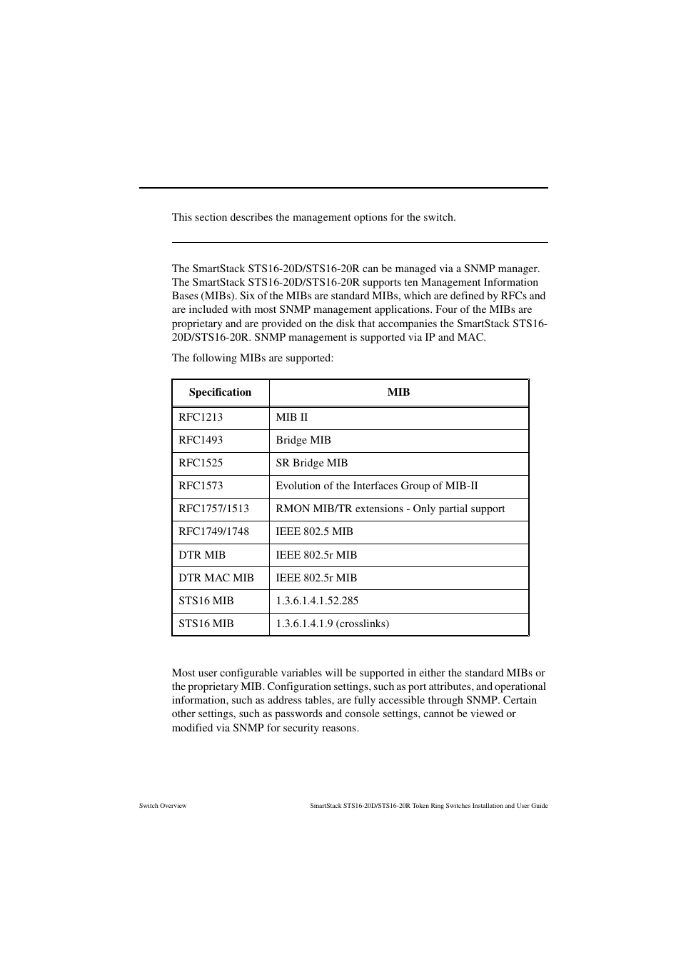 Management, Snmp, Table 8 | Supported mibs | Cabletron Systems STS16-20R User Manual | Page 49 / 258