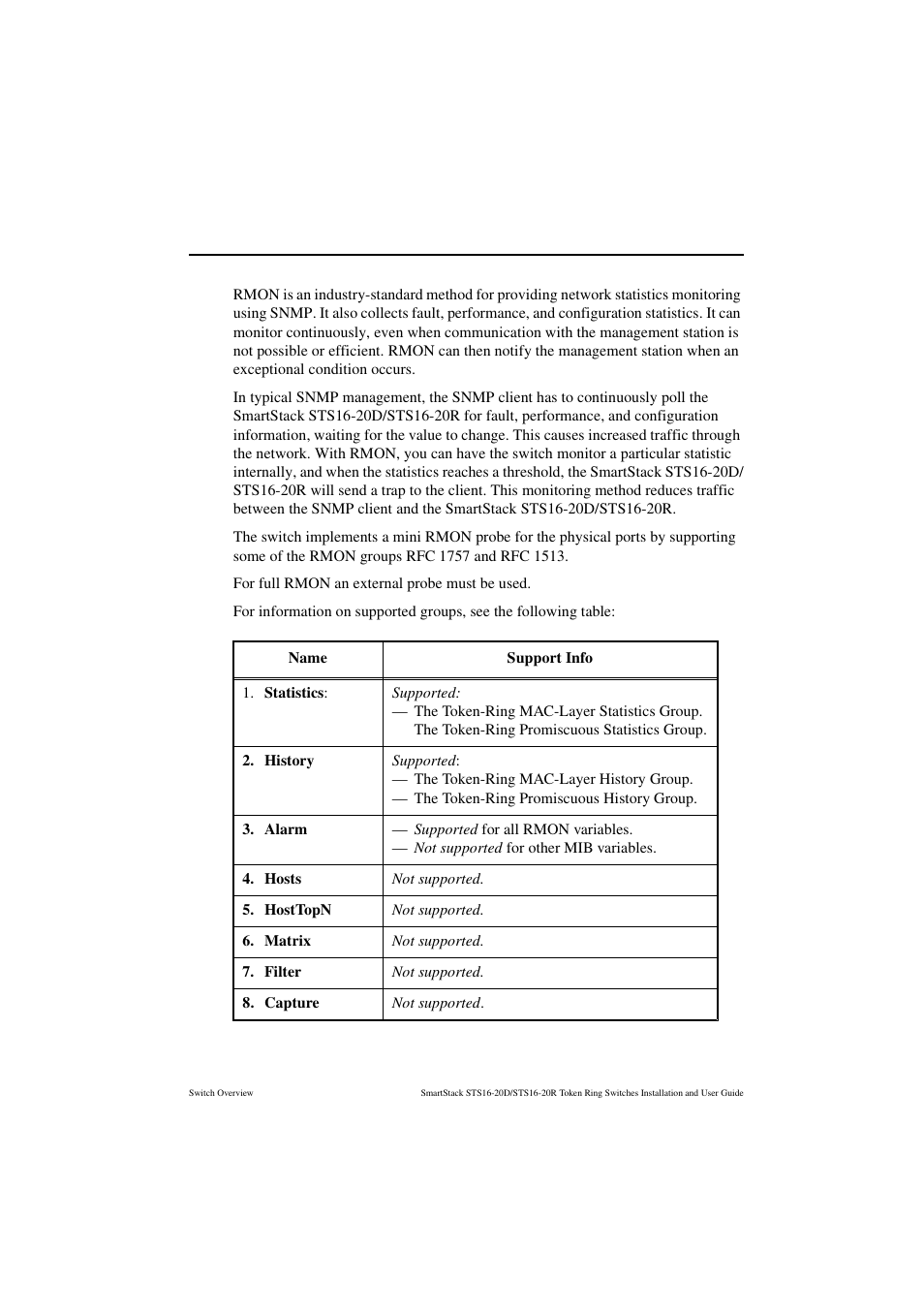 Rmon support, Table 9, Supported rmon groups | Cabletron Systems STS16-20R User Manual | Page 51 / 258