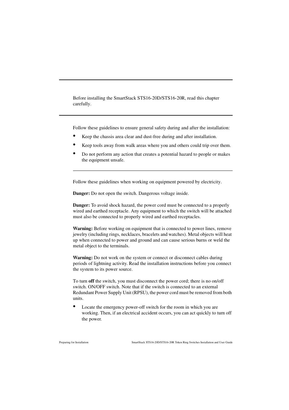 Preparing for installation, Safety recommendations, Safety with electricity | Cabletron Systems STS16-20R User Manual | Page 55 / 258