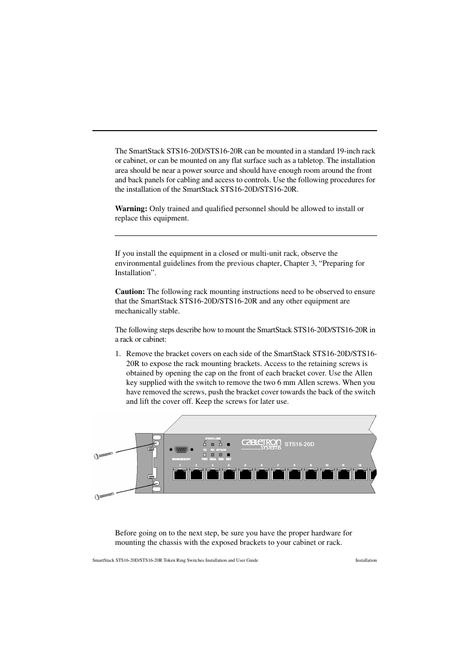 Mounting the chassis, Rack or cabinet mounting, Figure 17. exposing the rack mounting bracket | Cabletron Systems STS16-20R User Manual | Page 72 / 258