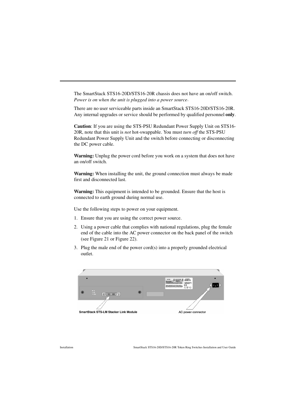 Applying power, Figure 21. the back panel of the sts16-20d | Cabletron Systems STS16-20R User Manual | Page 77 / 258