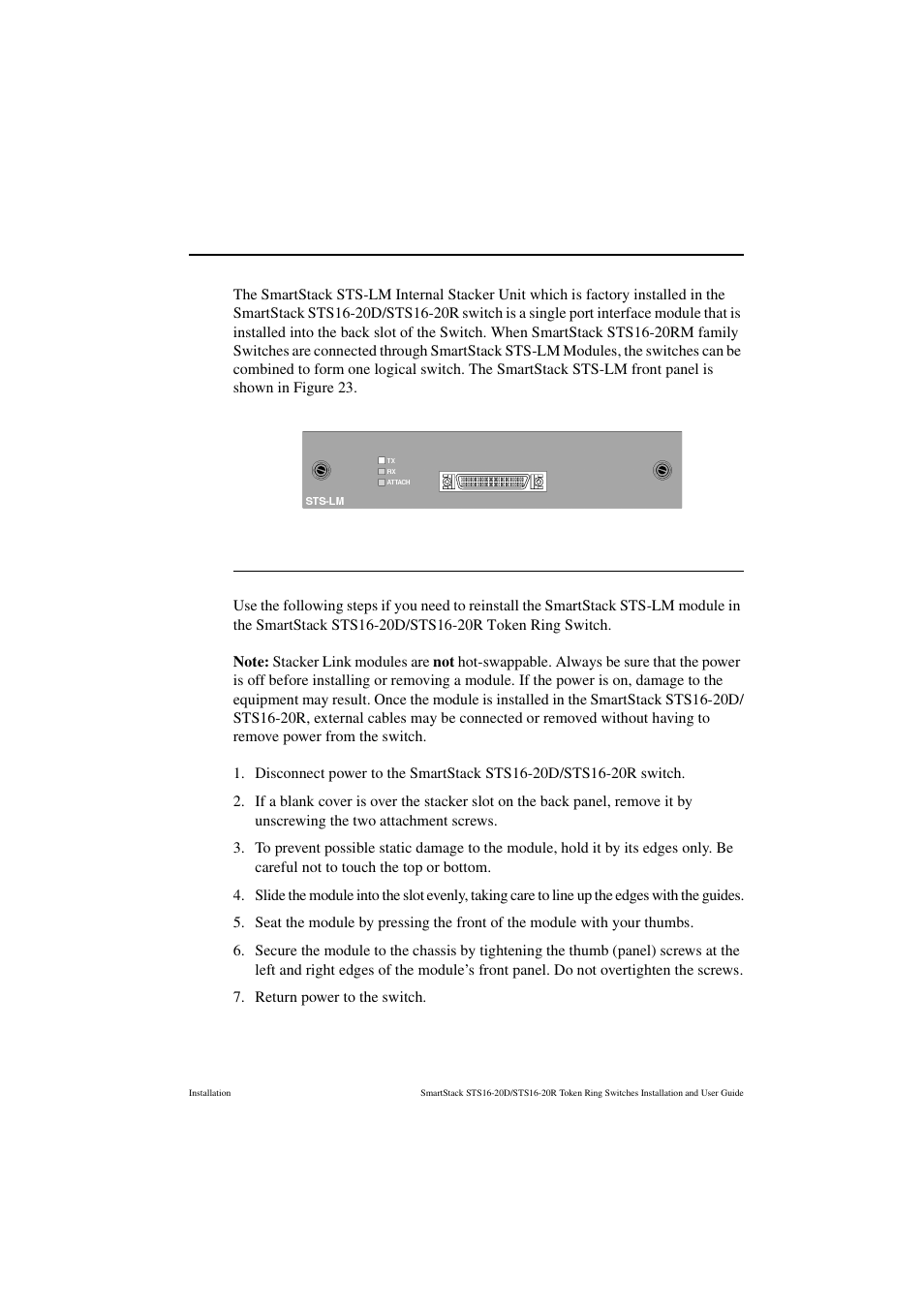 Stacker link module, Installation, Figure 23. smartstack sts-lm front panel | Cabletron Systems STS16-20R User Manual | Page 79 / 258