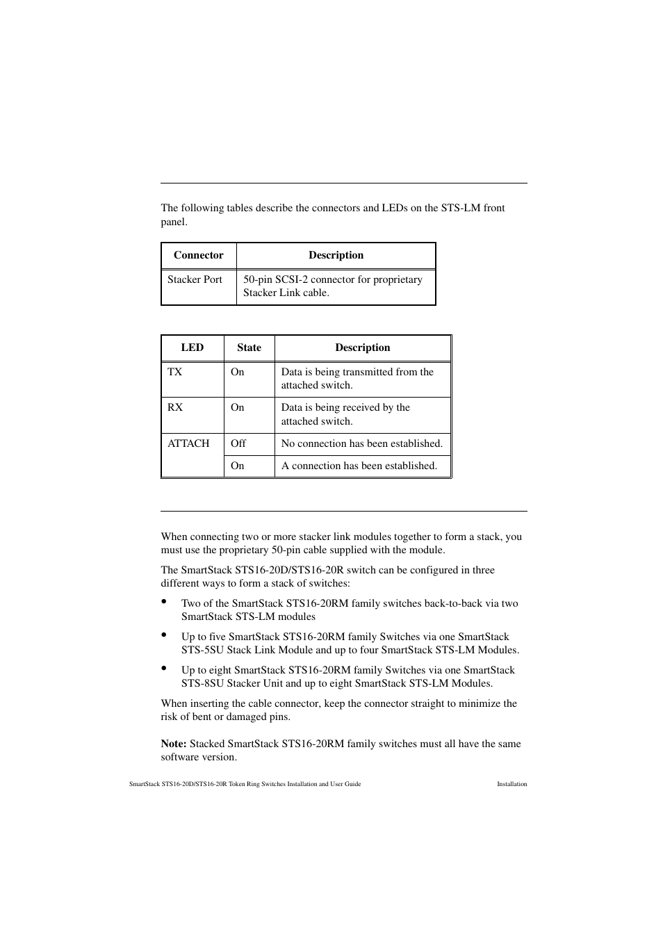 Smartstack sts-lm connectors and leds, Connecting the stacker link cable | Cabletron Systems STS16-20R User Manual | Page 80 / 258