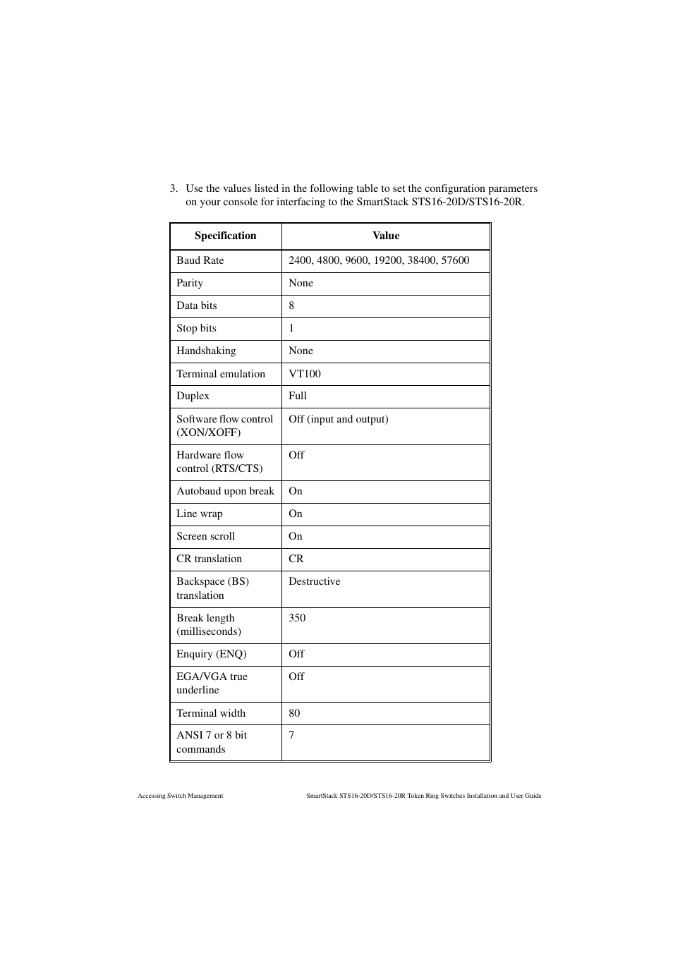 Table 13. console configuration settings | Cabletron Systems STS16-20R User Manual | Page 85 / 258