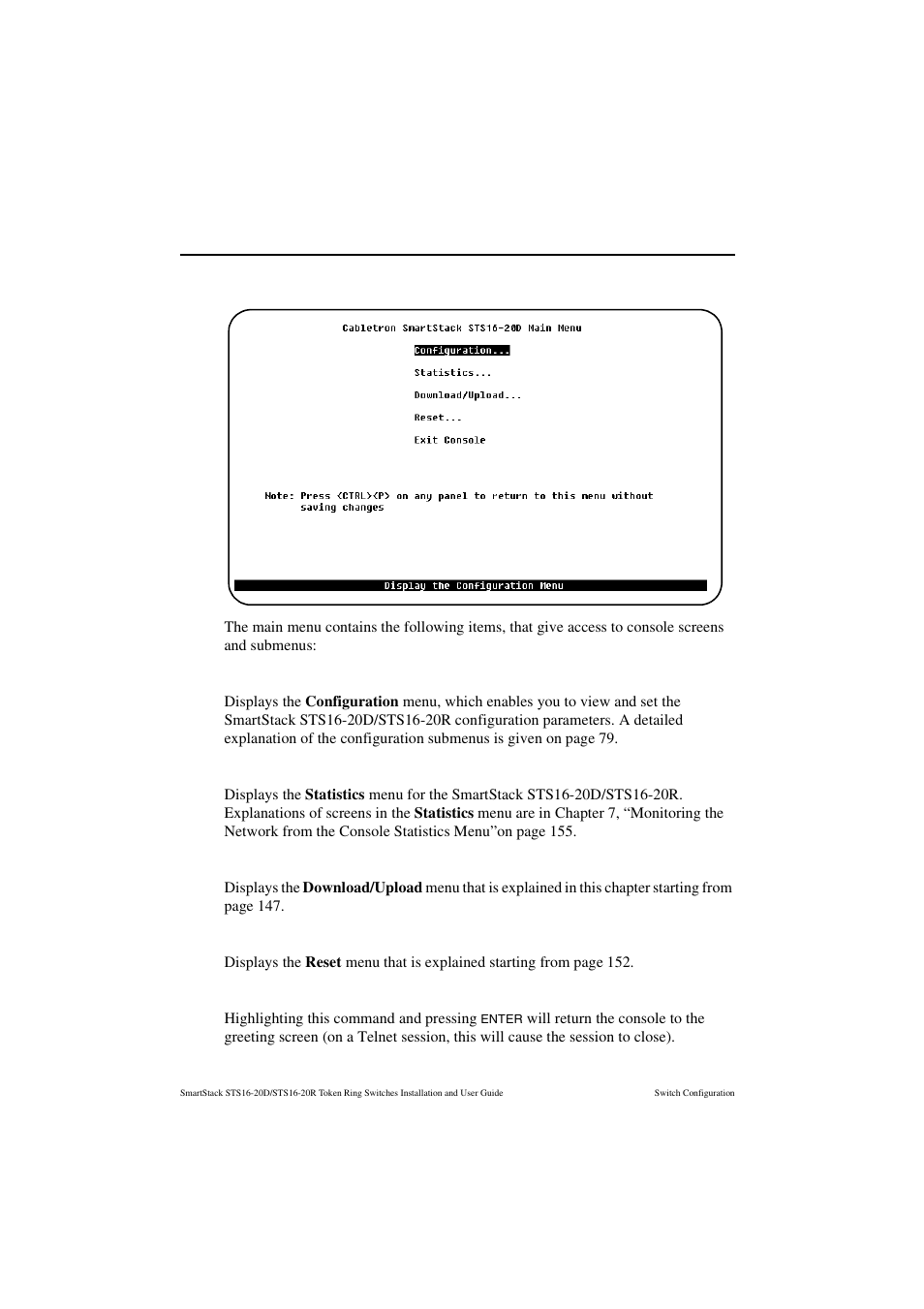 Main menu, Configuration, Statistics | Download/upload, Reset, Exit console | Cabletron Systems STS16-20R User Manual | Page 92 / 258