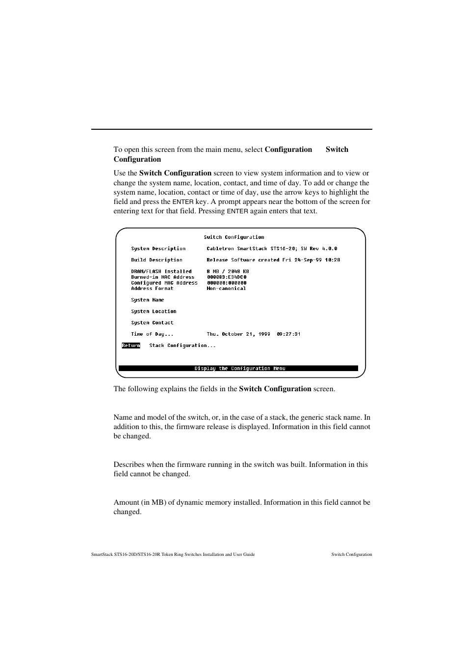 Switch configuration screen, System description, Build description | Dram installed | Cabletron Systems STS16-20R User Manual | Page 94 / 258