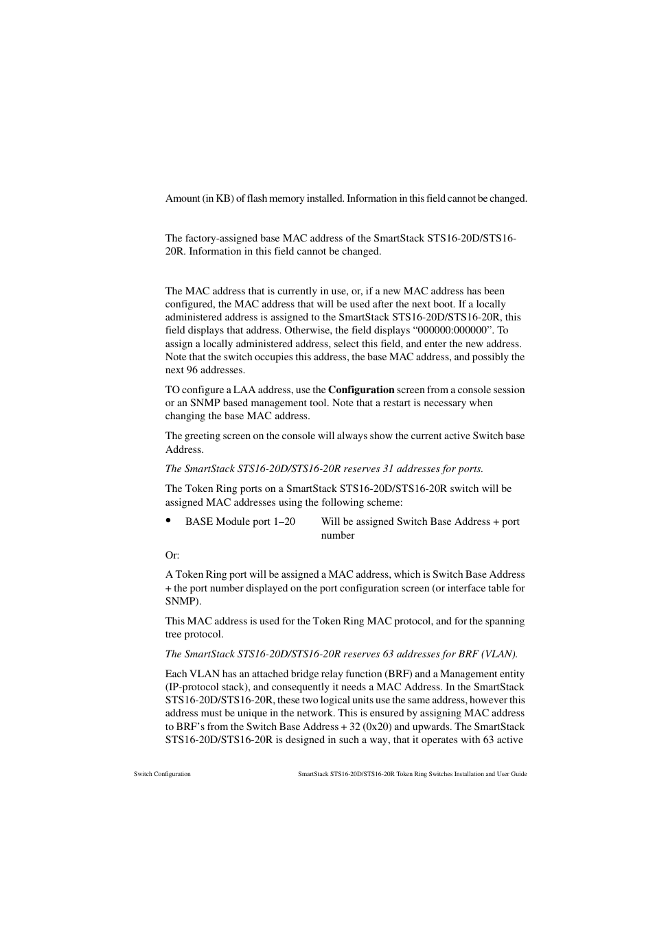 Flash memory installed, Burned-in mac address, Configured mac address | Cabletron Systems STS16-20R User Manual | Page 95 / 258