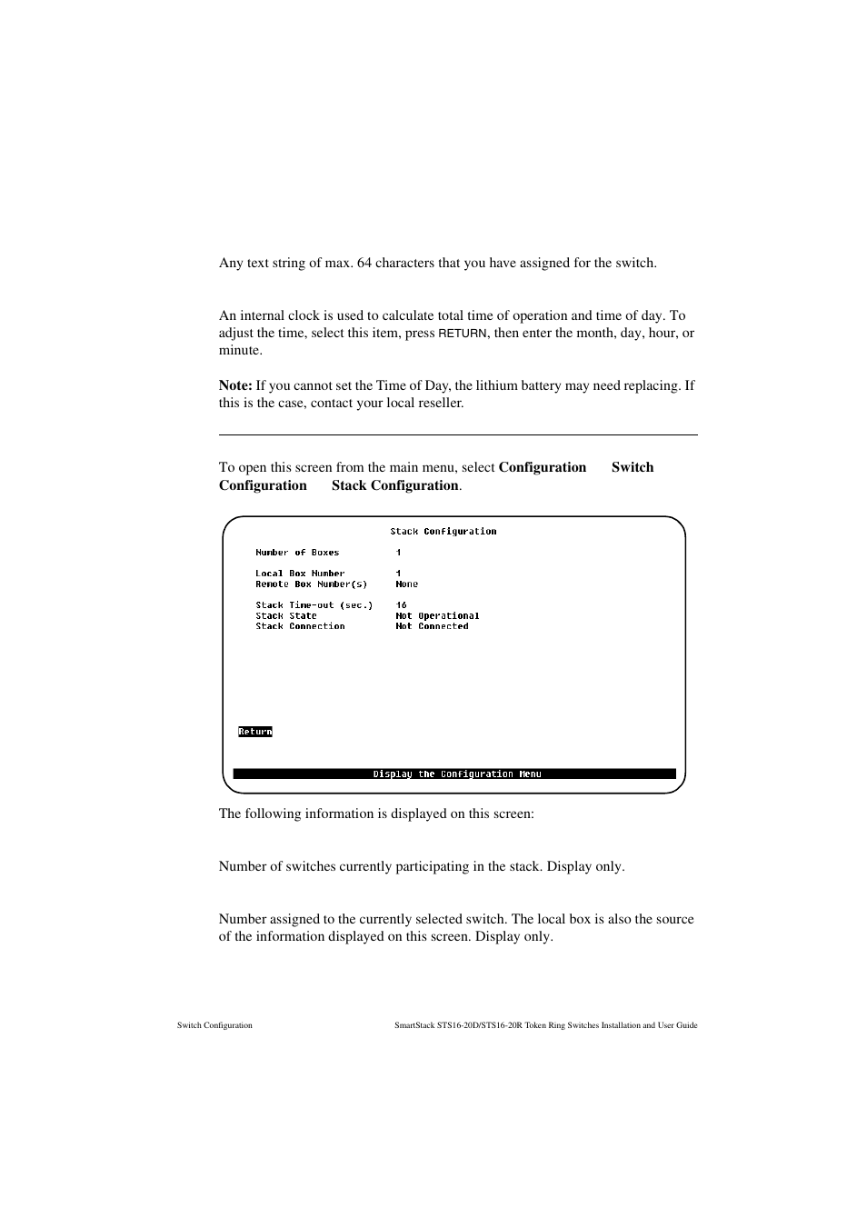 System contact, Time of day, Stack configuration screen | Number of boxes, Local box number | Cabletron Systems STS16-20R User Manual | Page 97 / 258