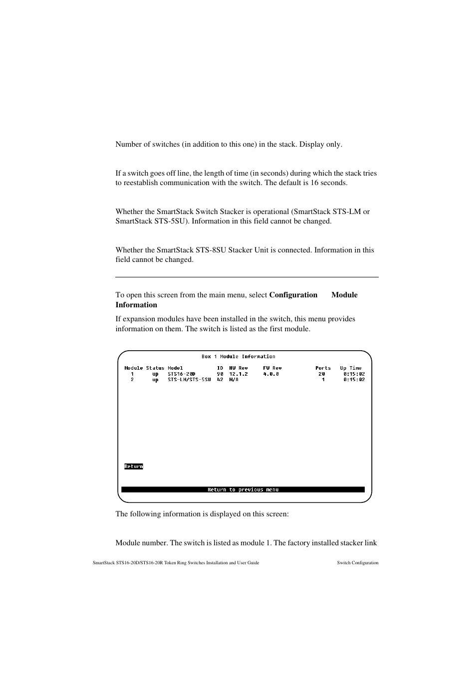 Remote box number(s), Stack time-out, Stack state | Stack connection, Module information screen, Module | Cabletron Systems STS16-20R User Manual | Page 98 / 258