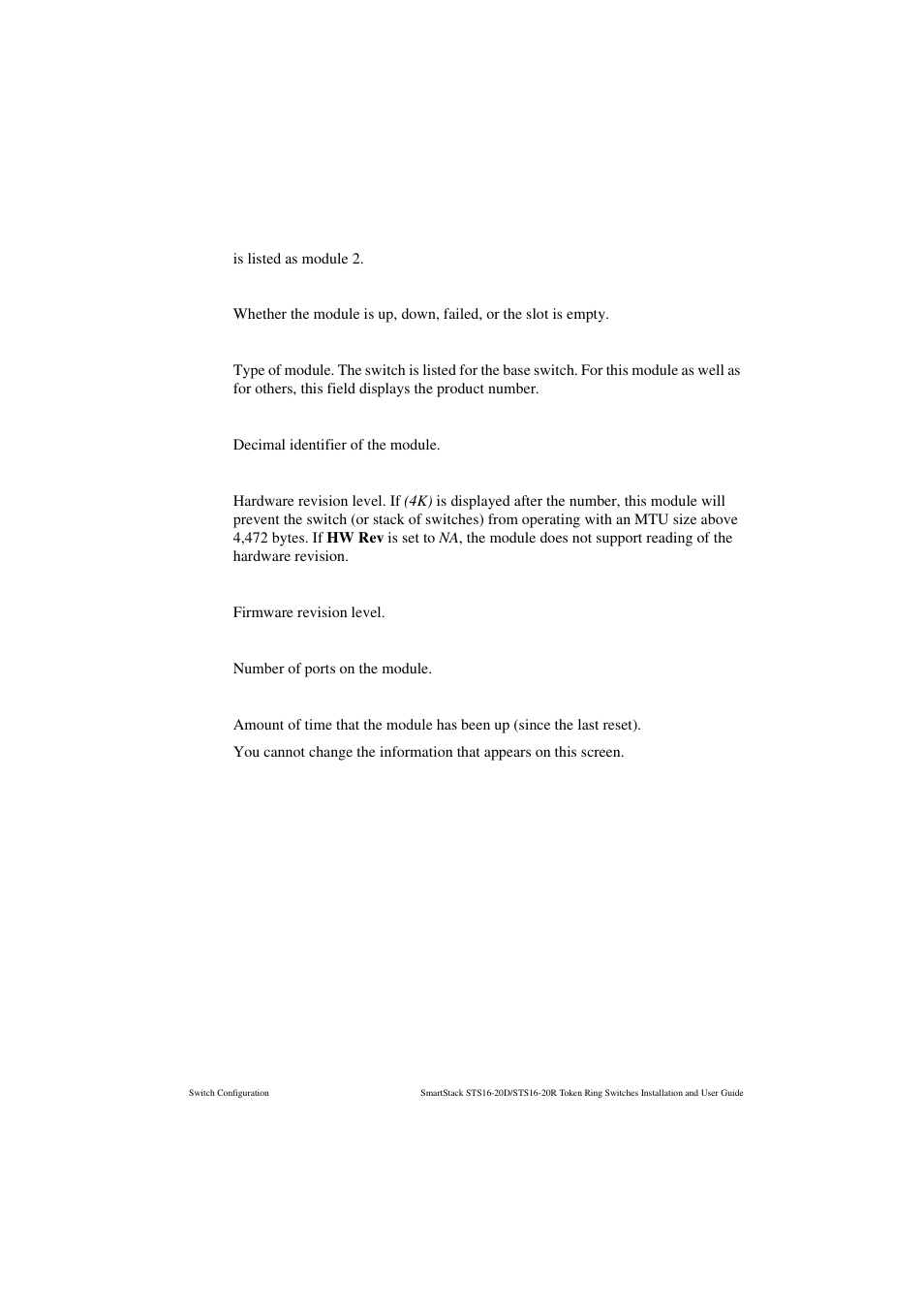 Status, Model, Board id | Hw rev, Fw rev, Ports, Up time | Cabletron Systems STS16-20R User Manual | Page 99 / 258