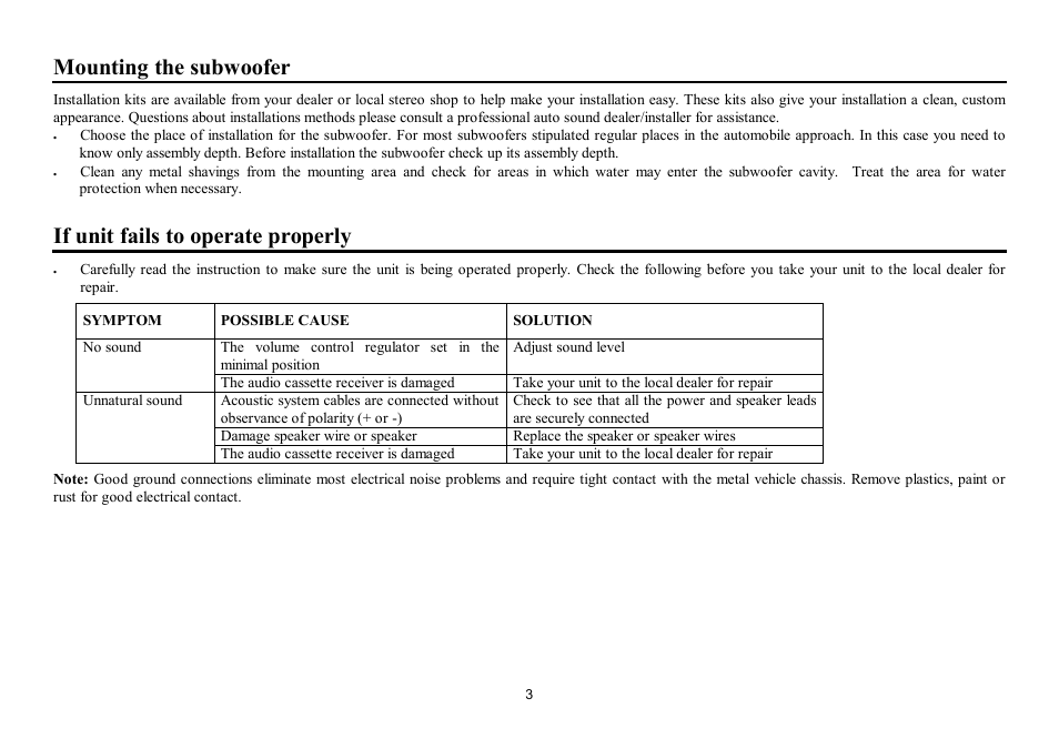 Mounting the subwoofer, If unit fails to operate properly | Hyundai H-CSP106 User Manual | Page 3 / 7