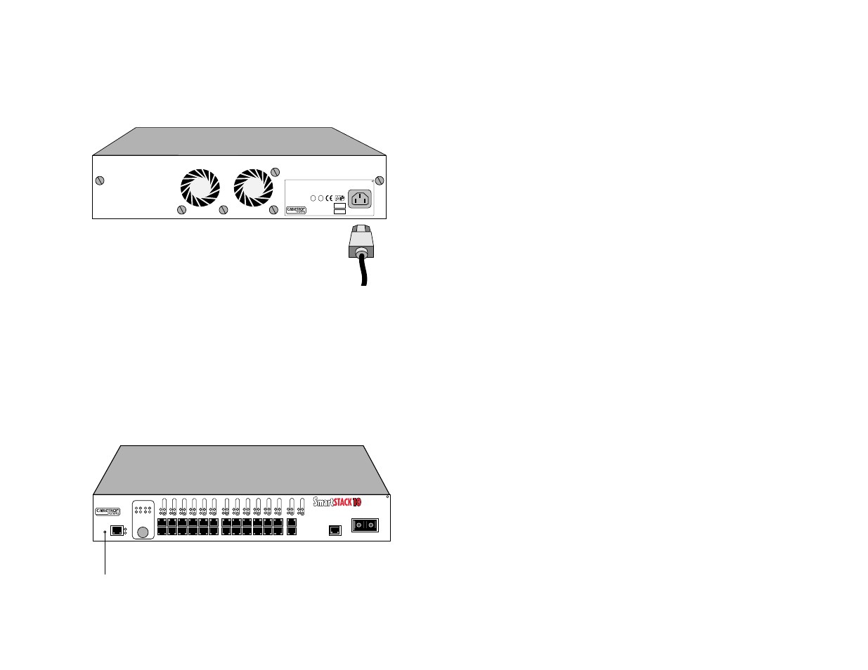 Setting up and powering up the els10-26, Attaching power cord and connecting to a power sou, Checking the power-up diagnostics sequence | Status, Tx act fdx mon rx col 100 usr pwr cpu reset, Listed 16eo ite multiport switch unit, C tuv rheinland gaprofte sicherheit, Reset switch | Cabletron Systems ELS10-26TX User Manual | Page 8 / 18