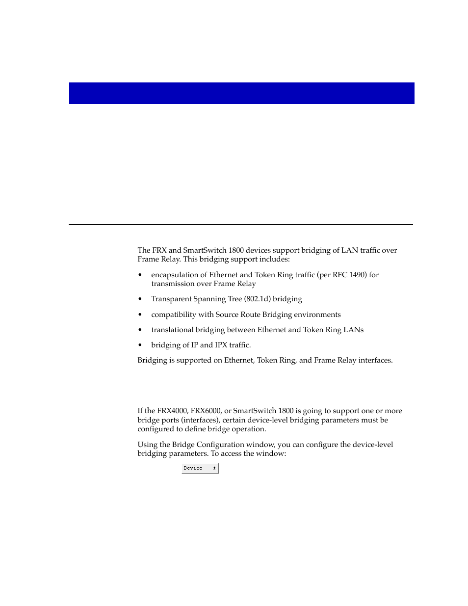 Bridge configuration, Configuring device-level bridging parameters, Chapter 11 | Conþguring device-level bridging parameters -1 | Cabletron Systems SPECTRUM FRX6000 User Manual | Page 195 / 232