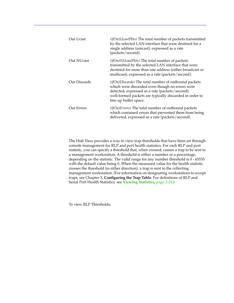 Viewing statistics thresholds, Rlp statistics thresholds, Viewing statistics thresholds -29 | Rlp statistics thresholds -29 | Cabletron Systems SPECTRUM FRX6000 User Manual | Page 45 / 232