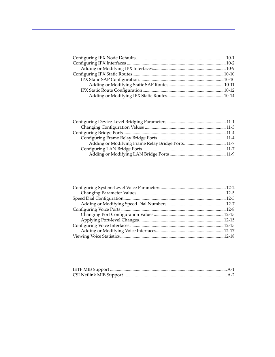 Chapter 10 ipx interface configuration, Chapter 11 bridge configuration, Index | Cabletron Systems SPECTRUM FRX6000 User Manual | Page 8 / 232