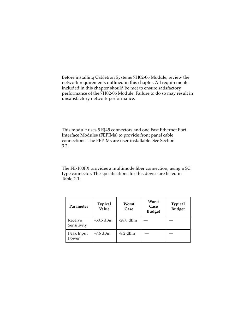 Network requirements, 1 fepim module specifications, 2 fe-100fx | Chapter 2 network requirements, 1 fepim module specifications -1 2.2 fe-100fx -1, Appendix a | Cabletron Systems 7H02-06 User Manual | Page 15 / 36