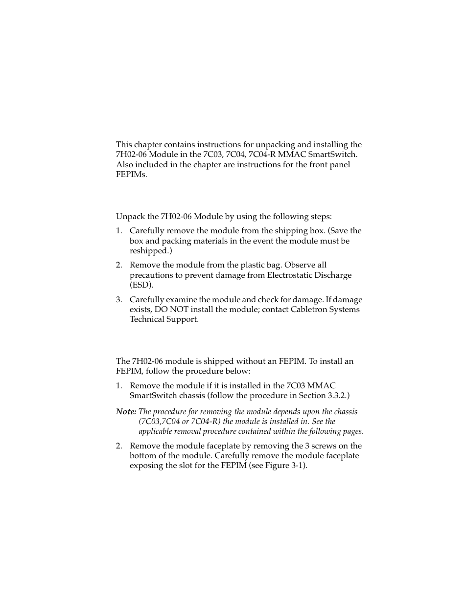 Installation, 1 unpacking the 7h02-06 module, 2 installing fepims | Chapter 3 installation | Cabletron Systems 7H02-06 User Manual | Page 19 / 36