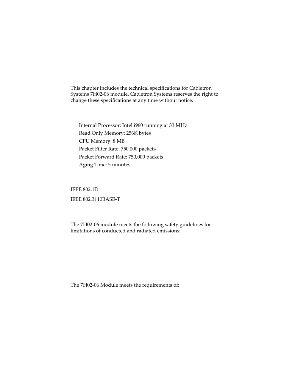 Technical specifications, 1 system resources, 2 standards | 3 safety, 4 emi, Chapter 5 technical specifications, 1 system resources -1 5.2 standards -1, 3 safety -1 5.4 emi -1 | Cabletron Systems 7H02-06 User Manual | Page 31 / 36