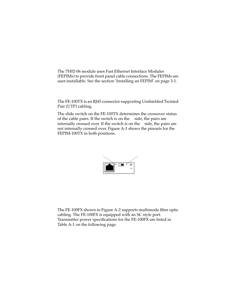 A.1 fe-100tx, A.2 fe-100fx, Appendix a | A.1 fe-100tx, A.2 fe-100fx | Cabletron Systems 7H02-06 User Manual | Page 35 / 36