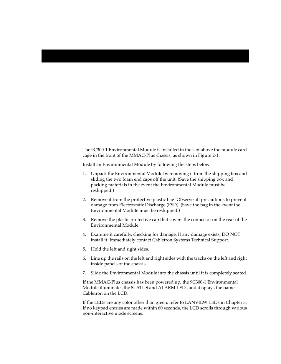 Installing the 9c300-1 environmental module, Chapter 2 | Cabletron Systems Environmental Module TM 9C300-1 User Manual | Page 11 / 50