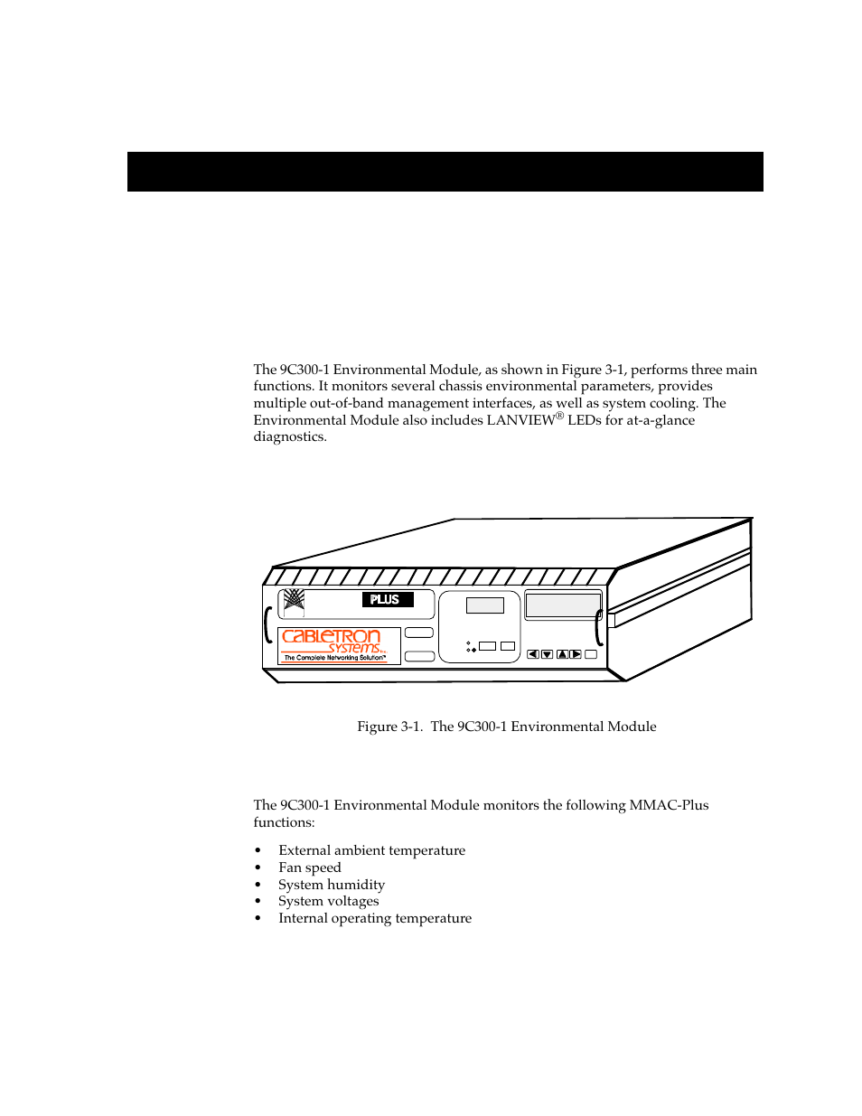 9c300-1 environmental module operation, Monitoring functions, Chapter 3 | Mmac | Cabletron Systems Environmental Module TM 9C300-1 User Manual | Page 13 / 50