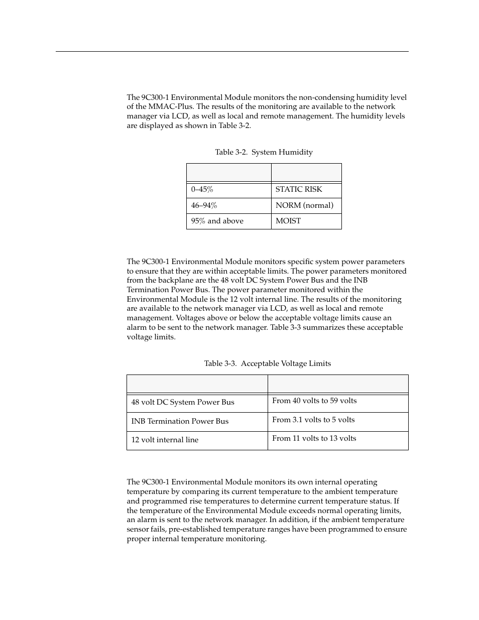 System humidity, System voltages, Internal operating temperature | Cabletron Systems Environmental Module TM 9C300-1 User Manual | Page 16 / 50