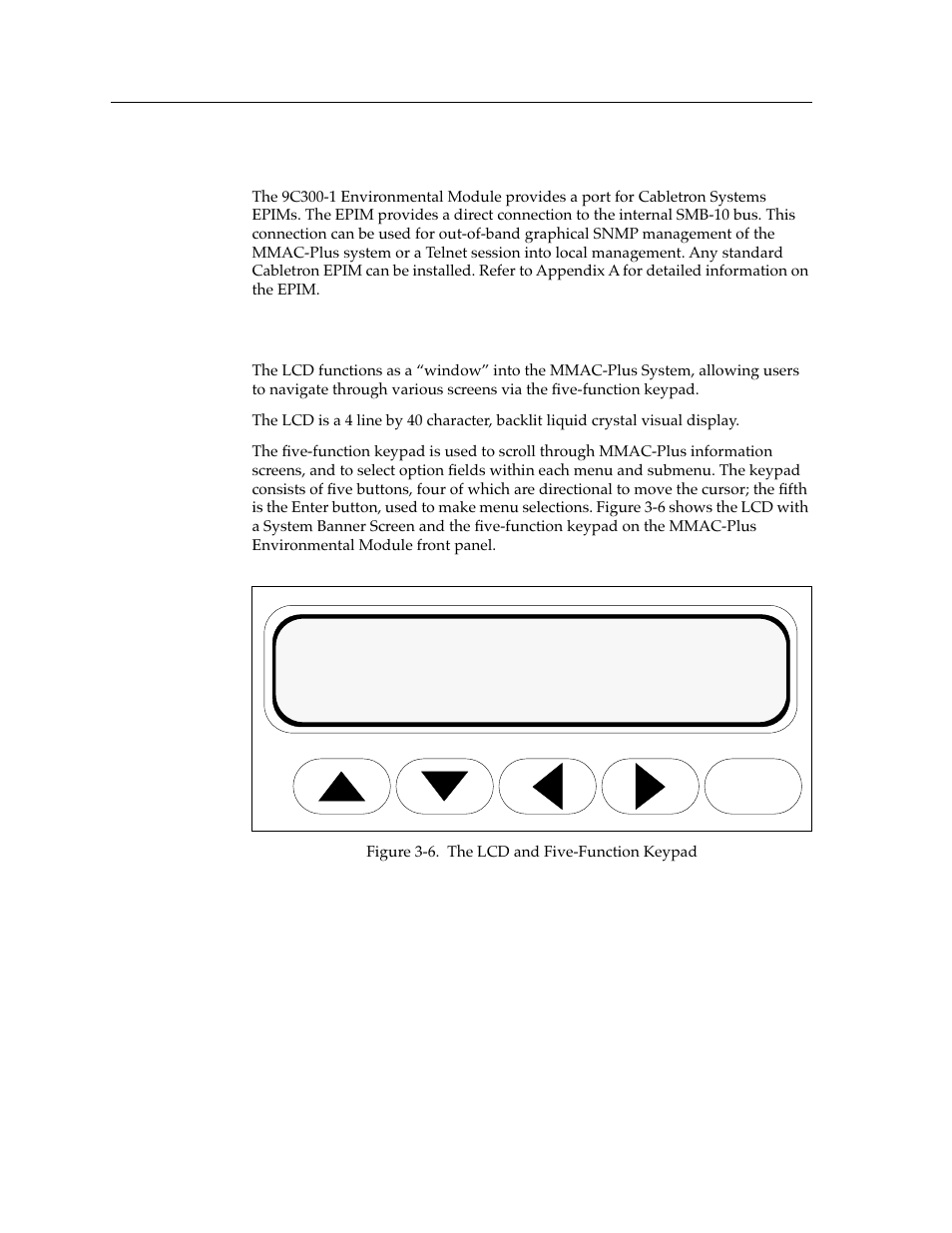 The ethernet™ port interface module (epim), Lcd and keypad, Enter | Cabletron Systems Environmental Module TM 9C300-1 User Manual | Page 20 / 50