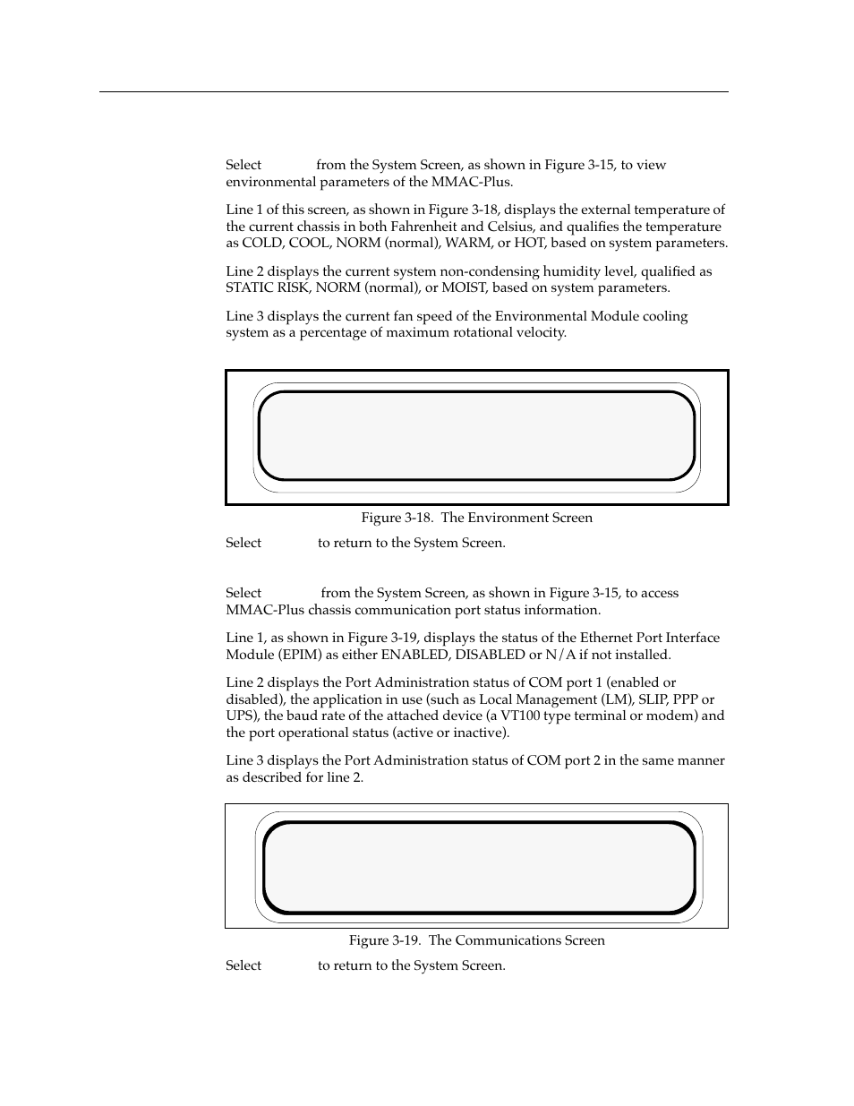 The environment screen, The communications screen | Cabletron Systems Environmental Module TM 9C300-1 User Manual | Page 28 / 50