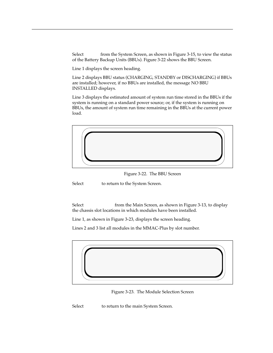 The bbu screen, The module selection screen | Cabletron Systems Environmental Module TM 9C300-1 User Manual | Page 30 / 50