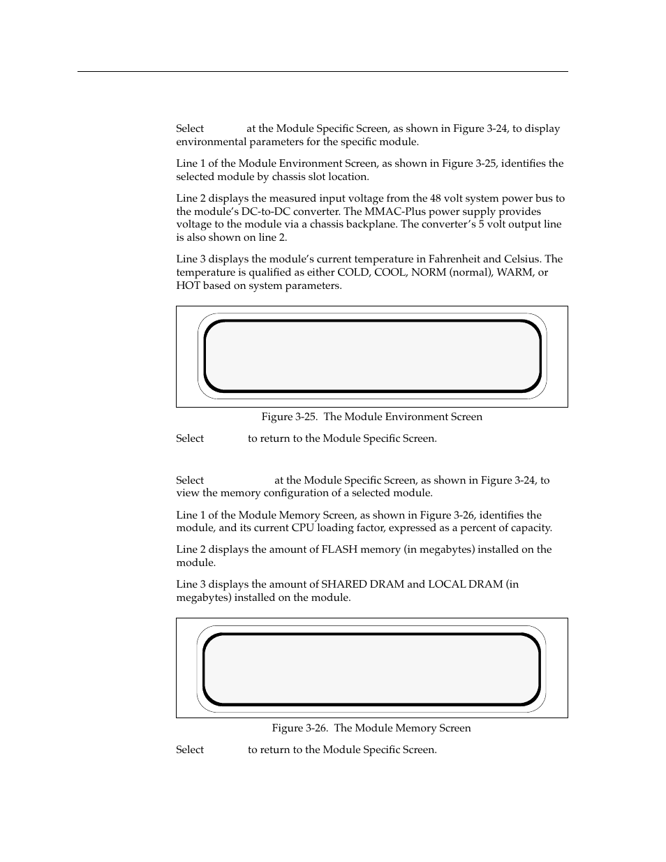 The module environment screen, The module memory screen | Cabletron Systems Environmental Module TM 9C300-1 User Manual | Page 32 / 50