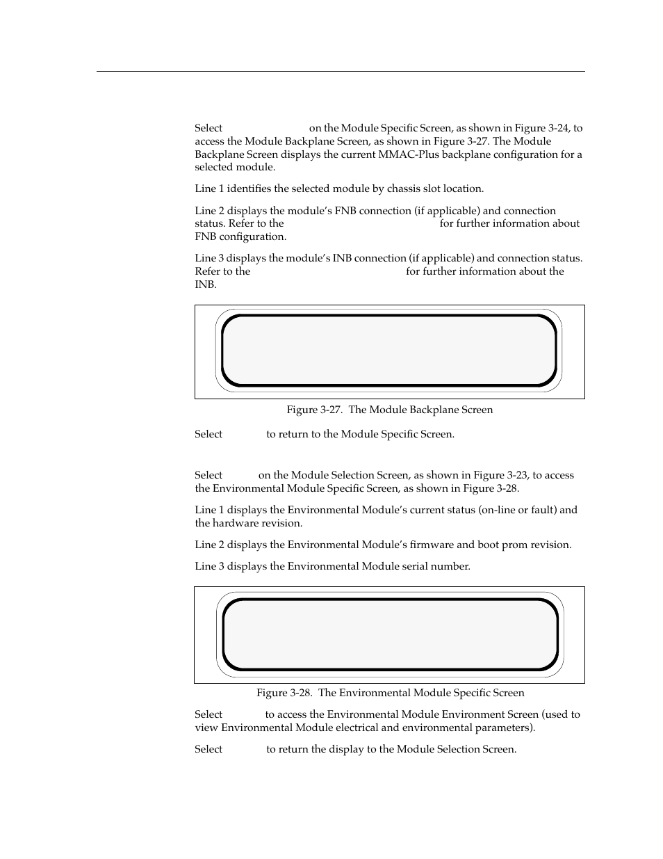The module backplane screen, The environmental module specific screen | Cabletron Systems Environmental Module TM 9C300-1 User Manual | Page 33 / 50