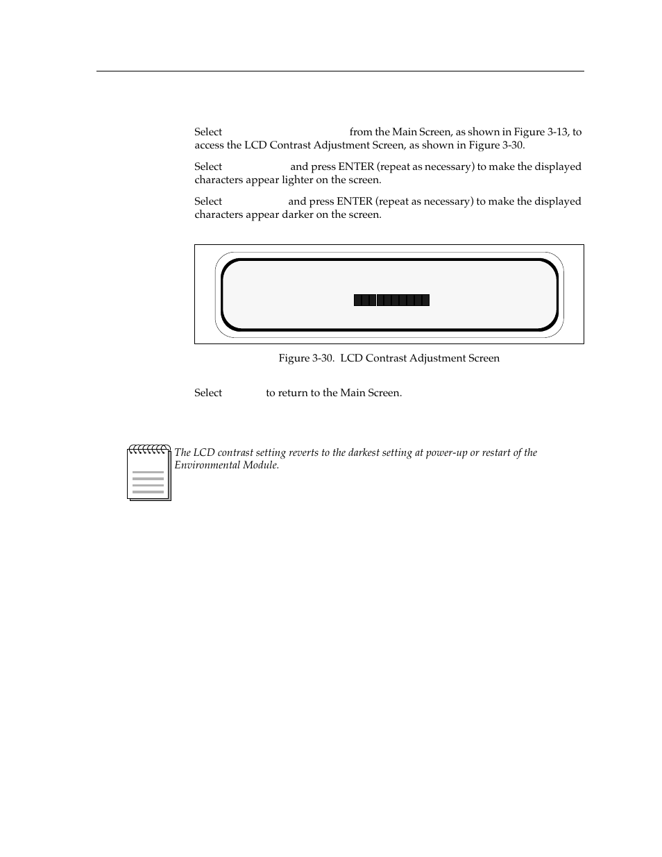 The lcd contrast adjustment screen | Cabletron Systems Environmental Module TM 9C300-1 User Manual | Page 35 / 50