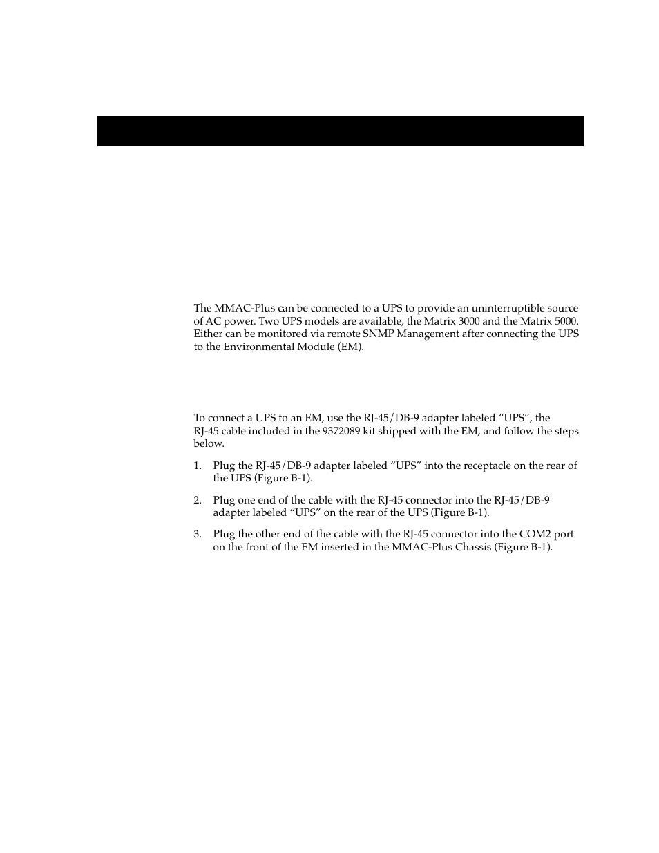 Uninterruptible power supply (ups), Connecting a ups to an em, Introduction | Appendix b | Cabletron Systems Environmental Module TM 9C300-1 User Manual | Page 47 / 50