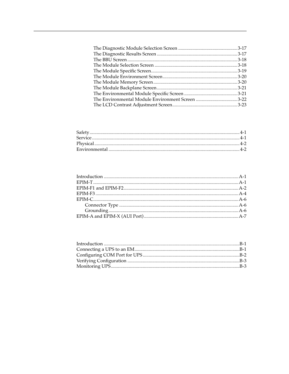 Chapter 4 specifications, Appendix a epim specifications, Appendix b uninterruptible power supply (ups) | Cabletron Systems Environmental Module TM 9C300-1 User Manual | Page 6 / 50