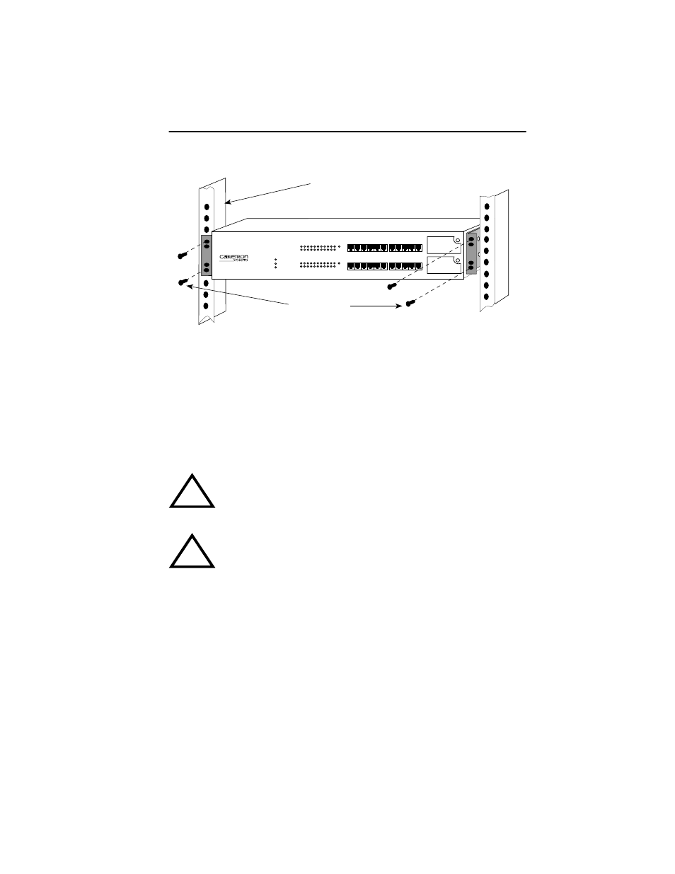 4 powering up and stacking the seh, Powering up and stacking the seh -5, Wering up and stacking the seh (section 4.4) | Figure 4-4 installing the seh in the rack, Screws (4) 19-inch rack | Cabletron Systems SEH100TX-22 User Manual | Page 29 / 52