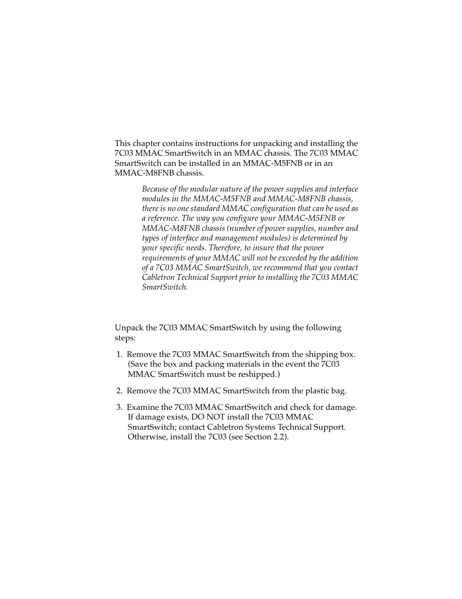 Installation, 1 unpacking the 7c03 mmac smartswitch, Chapter 2 | Explains the pr | Cabletron Systems 7C03 MMAC User Manual | Page 13 / 16