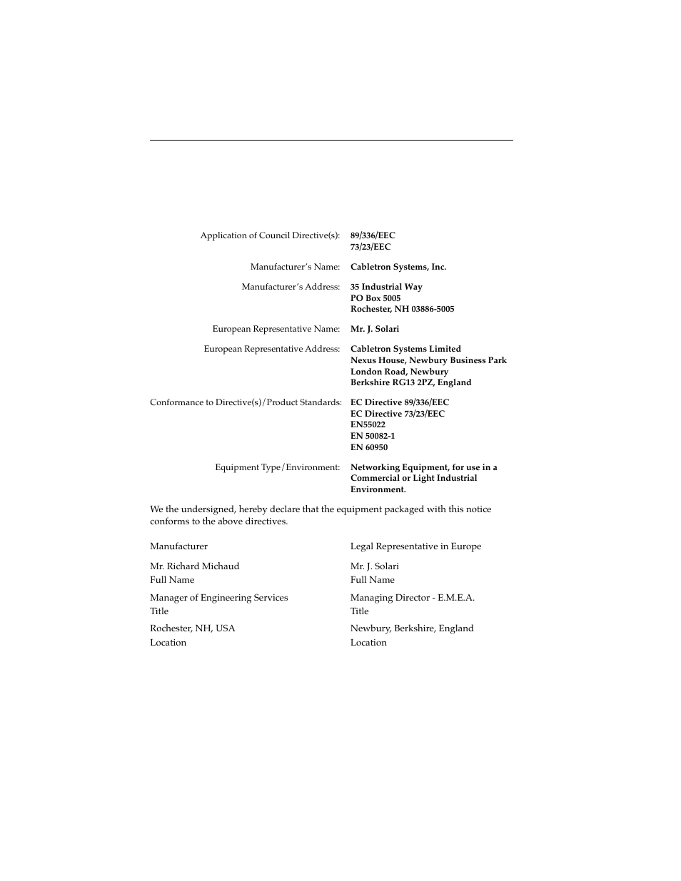 Declaration of conformity | Cabletron Systems 7C03 MMAC User Manual | Page 5 / 16