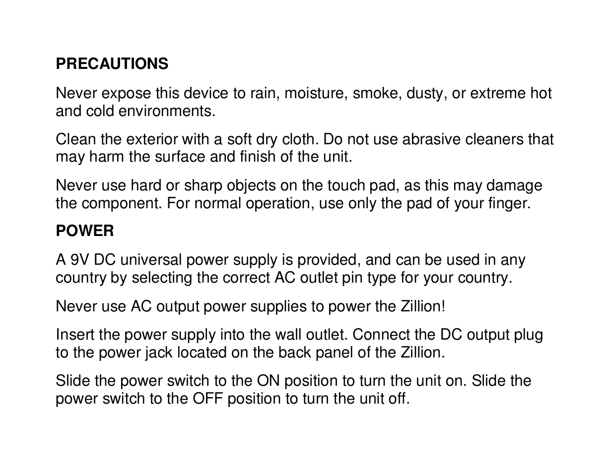 Precautions, Power | Future Retro Zillion Owner Manual User Manual | Page 3 / 36
