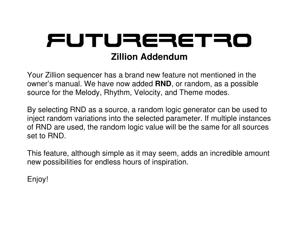 Future Retro Zillion Addendum V1.02 User Manual | 2 pages