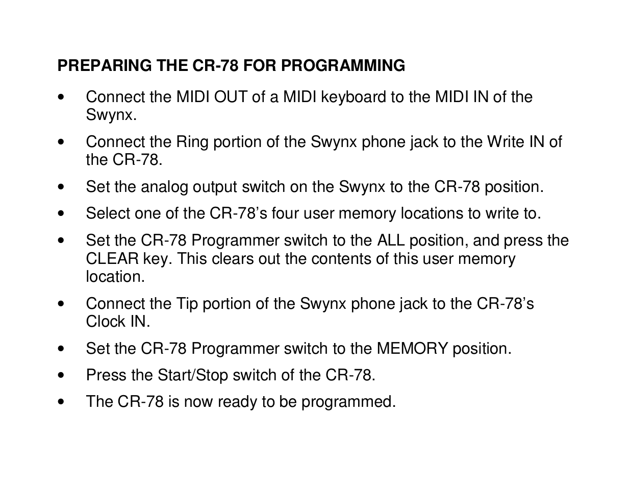 Preparing the cr-78 for programming, Press the start/stop switch of the cr-78, The cr-78 is now ready to be programmed | Future Retro Swynx User Manual | Page 18 / 23