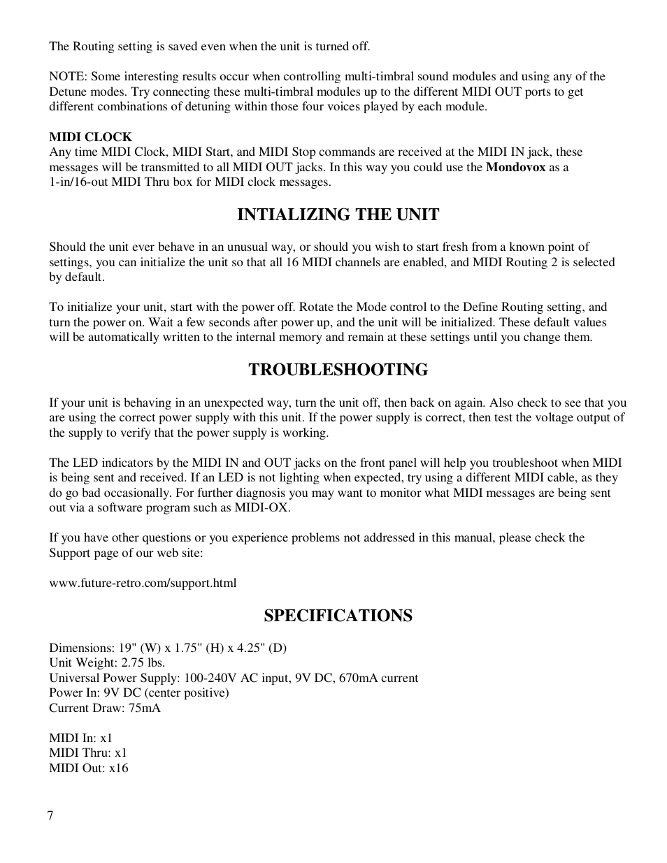 Intializing the unit, Troubleshooting, Specifications | Future Retro Mondovox User Manual | Page 10 / 14