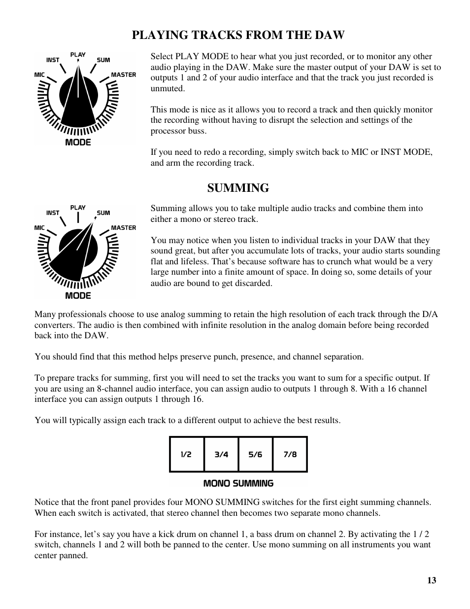 Playing tracks from the daw, Summing | Future Retro DB User Manual | Page 15 / 18