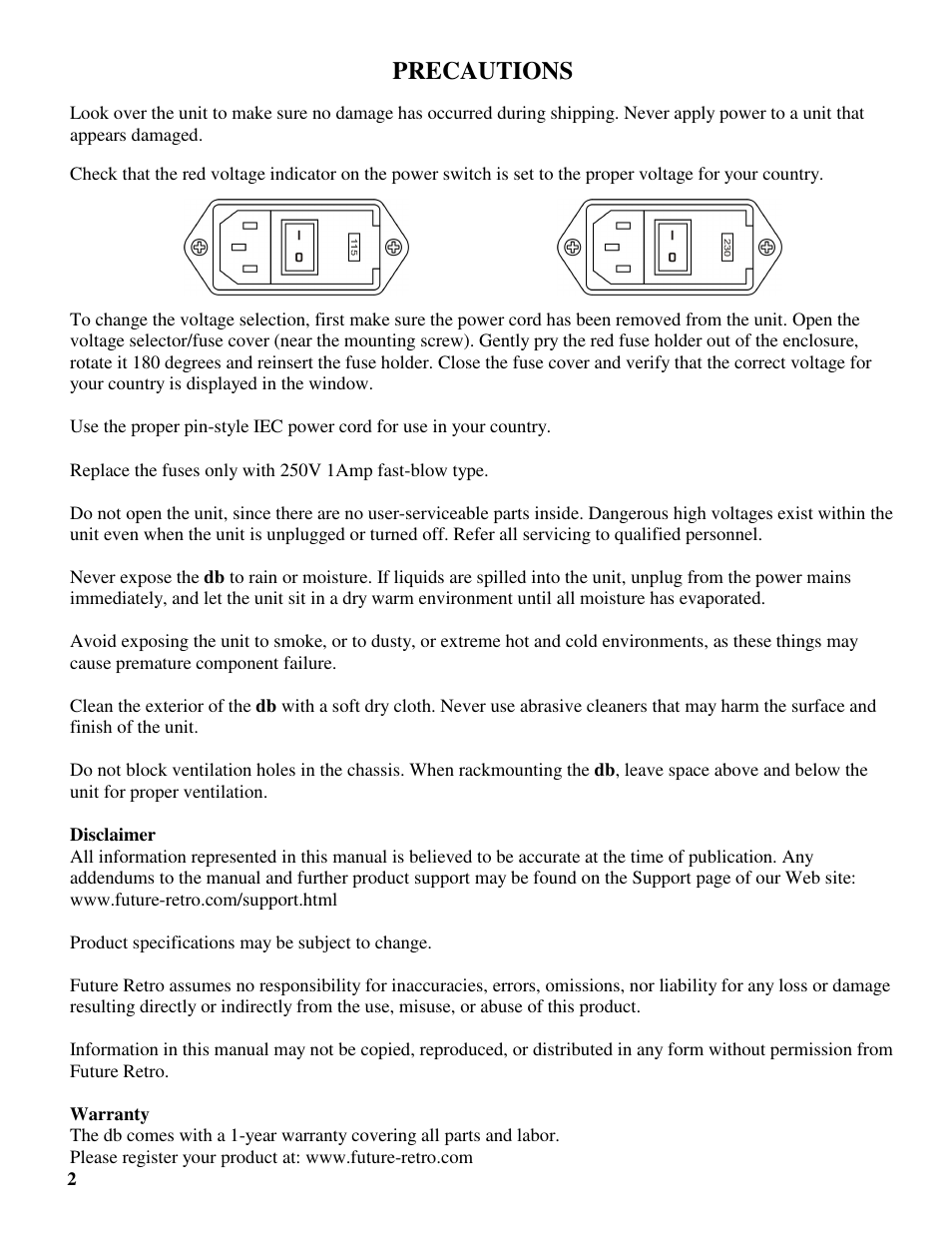 Precautions | Future Retro DB User Manual | Page 4 / 18