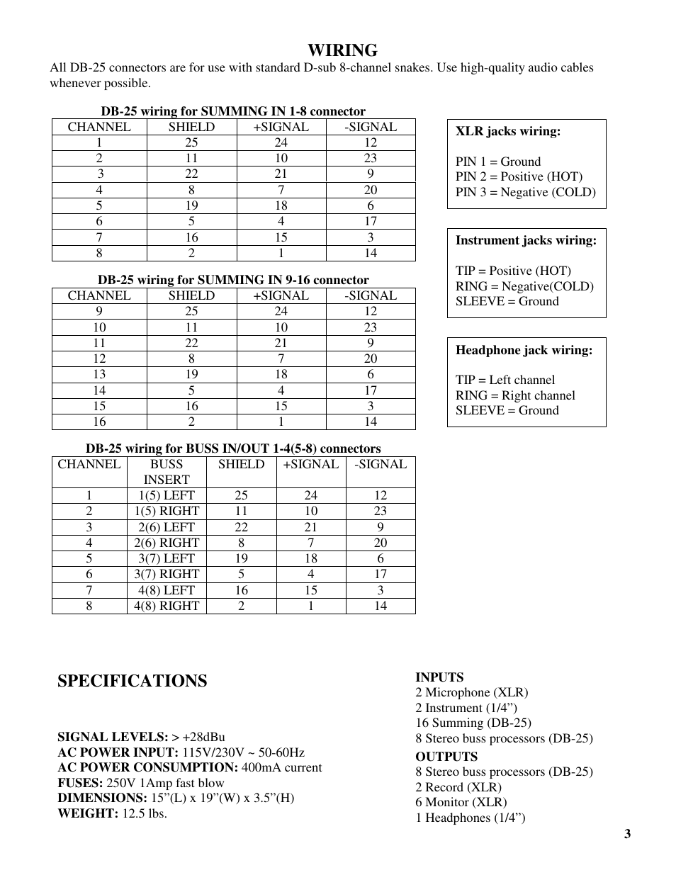 Specifications wiring | Future Retro DB User Manual | Page 5 / 18