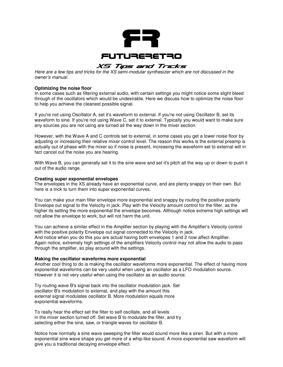 Future Retro XS Addendum User Manual | 1 page