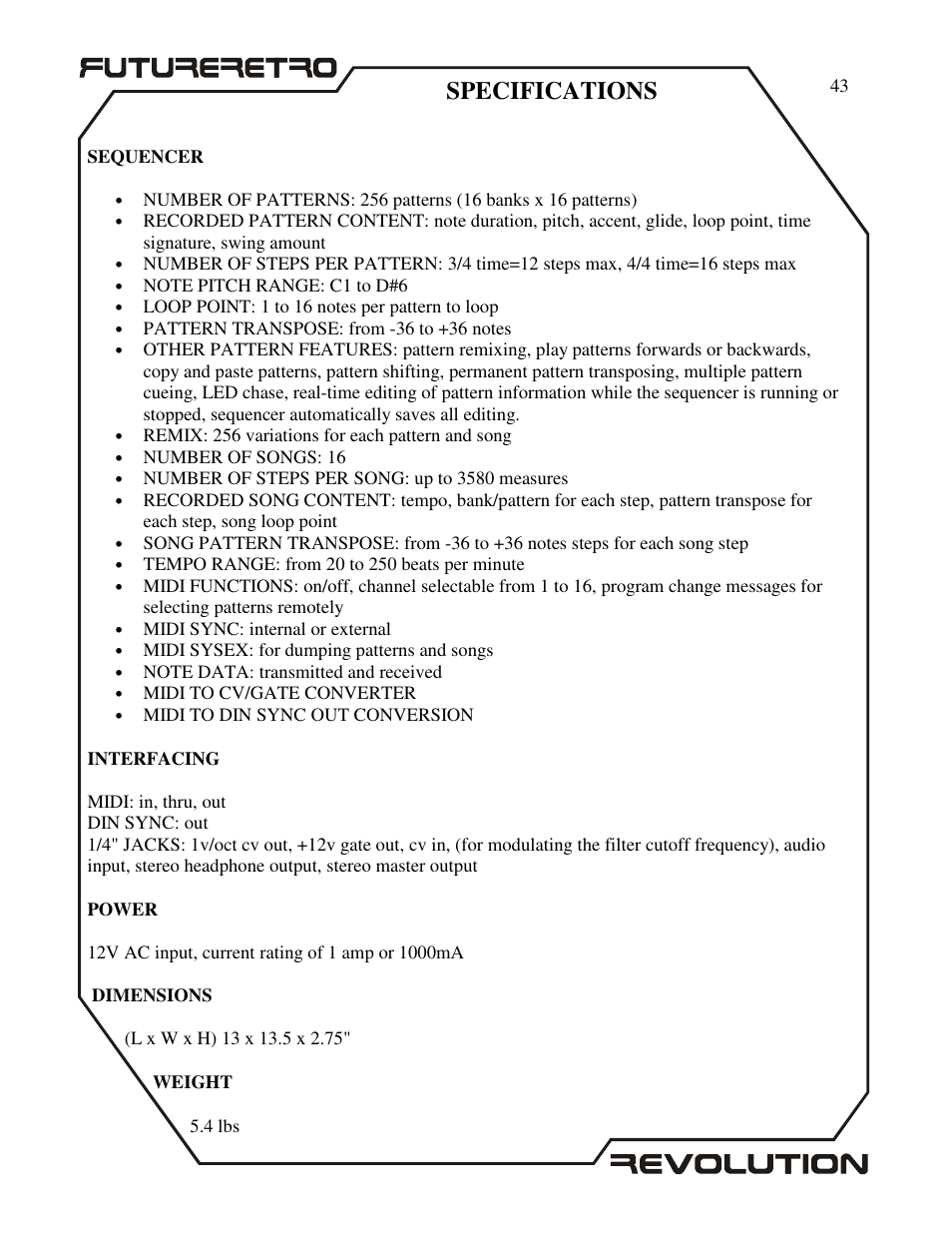 Specifications | Future Retro Revolution Owner Manual User Manual | Page 45 / 46