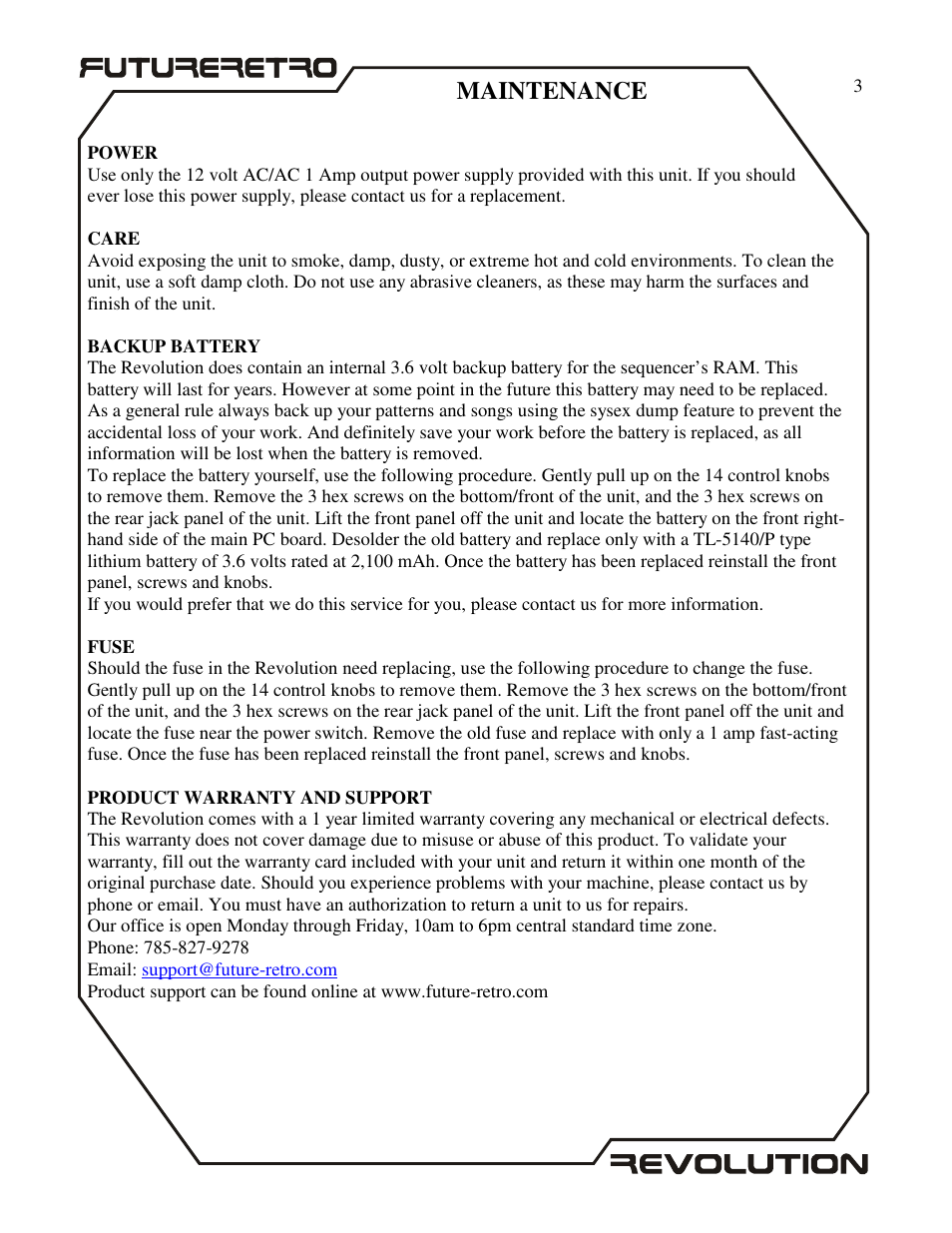 Maintenance | Future Retro Revolution Owner Manual User Manual | Page 5 / 46