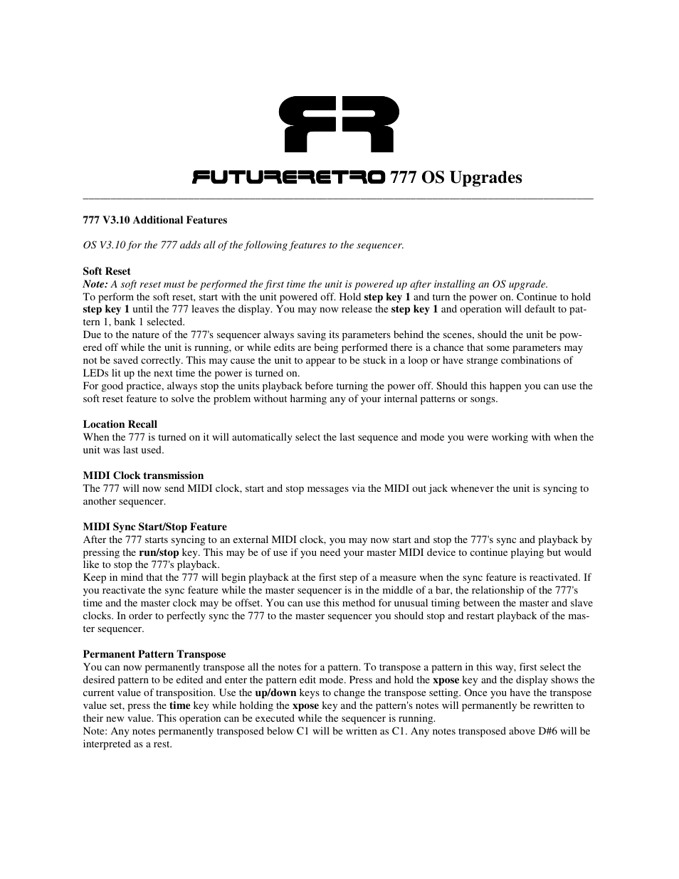 Future Retro 777 V3.10 OS Features User Manual | 3 pages