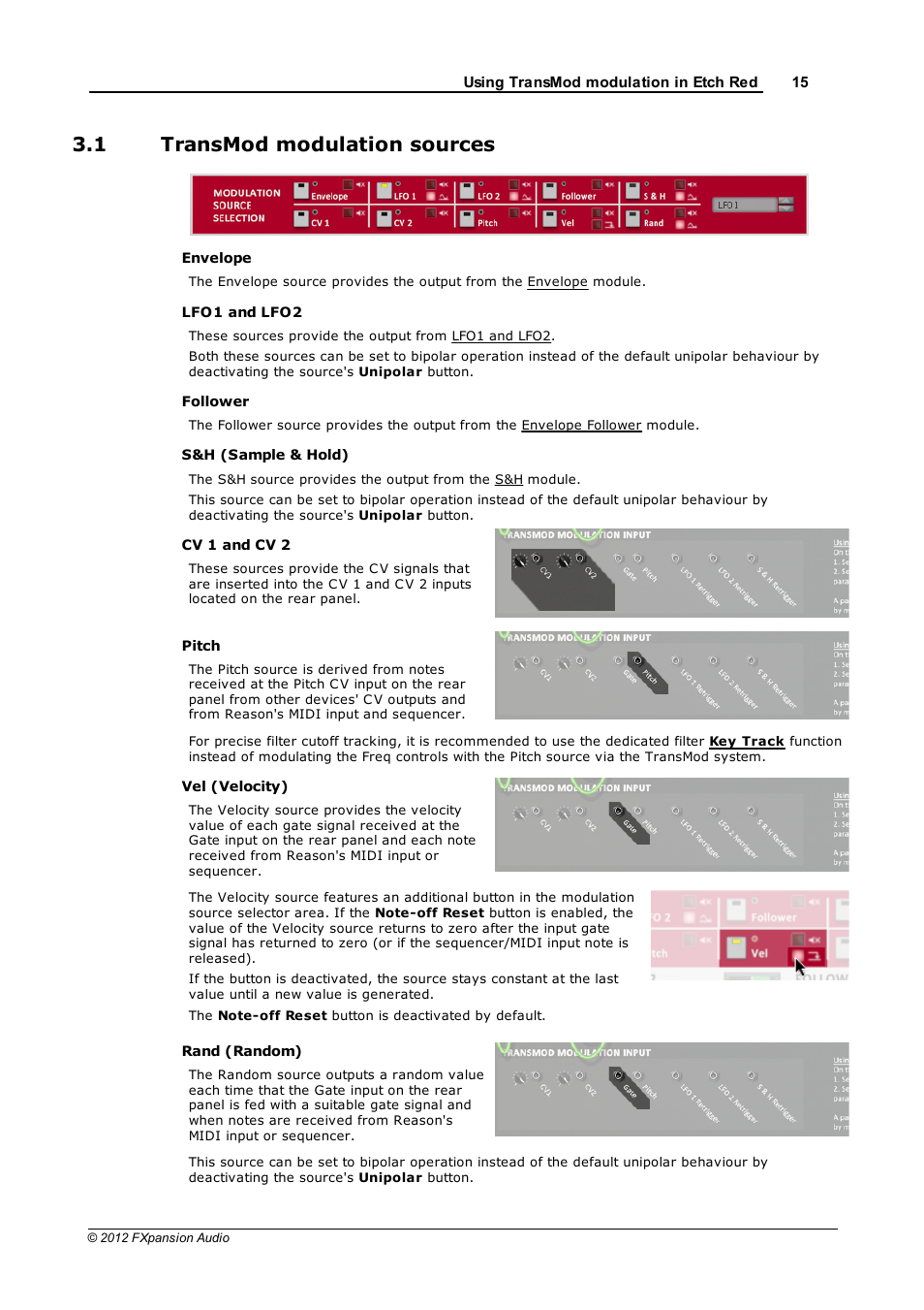 Transmod modulation sources, Pitch, Velocity and random | 1 transmod modulation sources | FXpansion EtchRed User Manual | Page 15 / 29